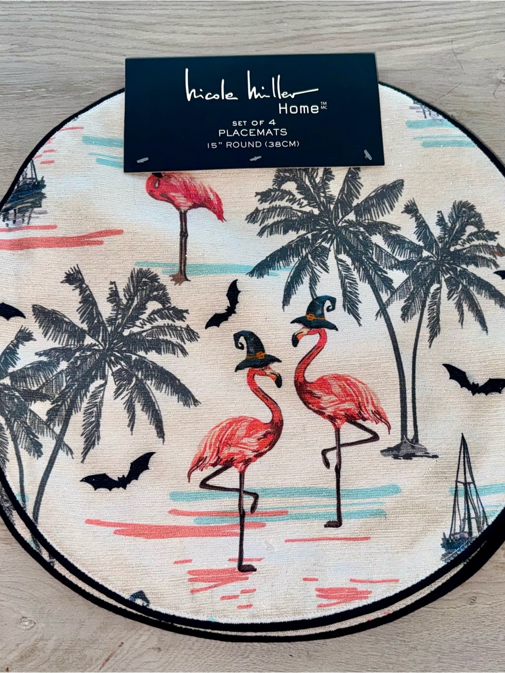 Nicole Miller shimmery Flamingo Witch Round Placemat -Set of 4 Halloween Coastal